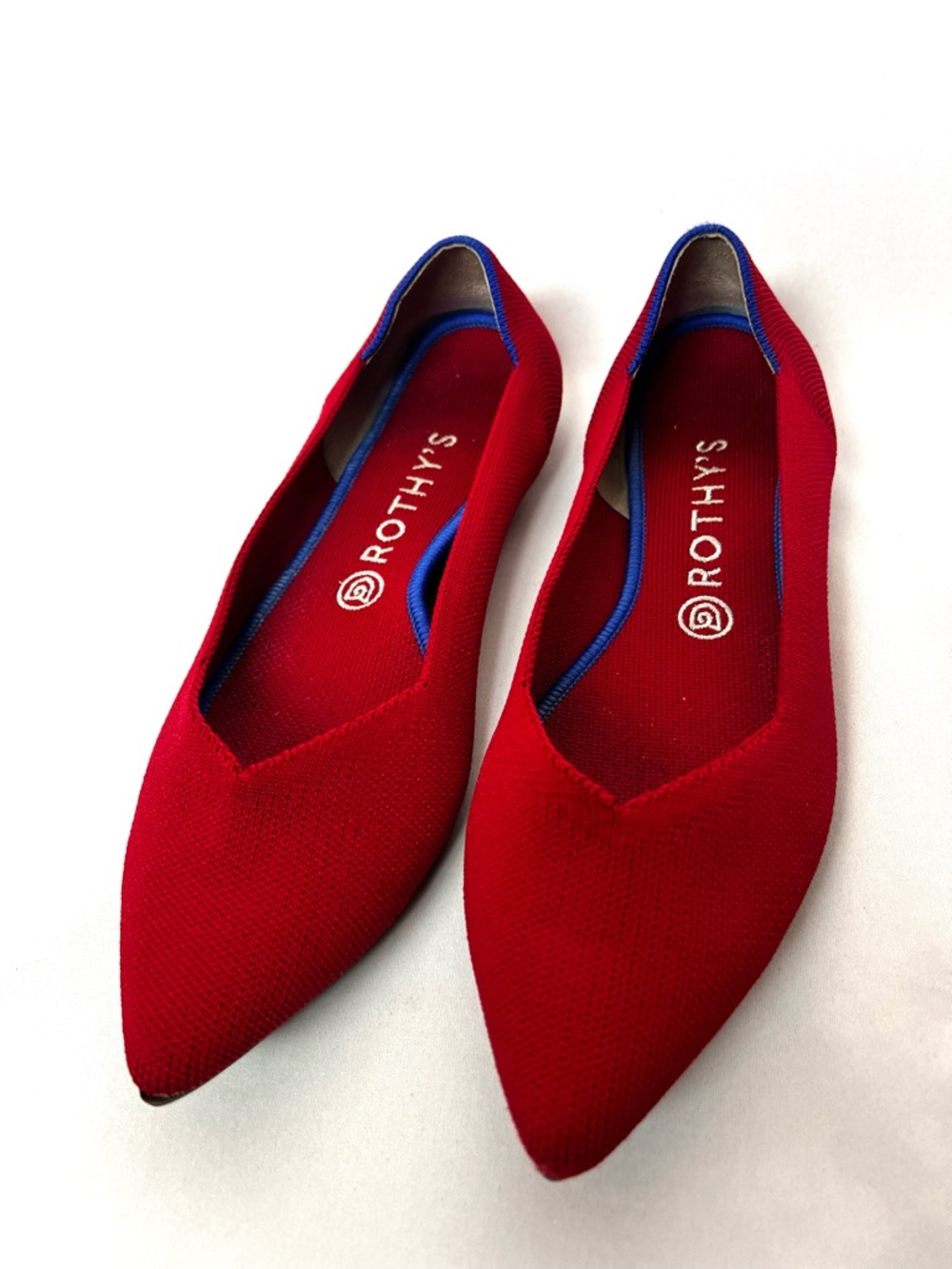Rothy’s Red Pointed Toe Flats Blue Trim Knit Washable Women’s Size 10
